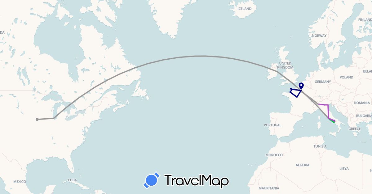 TravelMap itinerary: driving, bus, plane, train in France, Ireland, Italy, United States (Europe, North America)